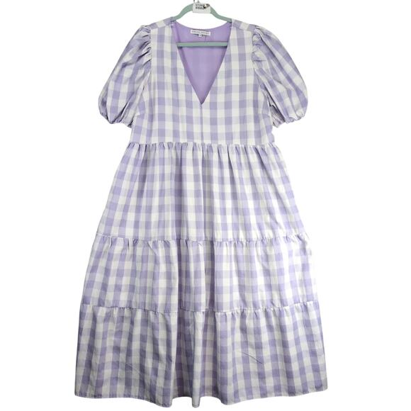 English Factory Purple Gingham Tiered Maxi Dress Plus Size 1X Deep-V Cottagecore - Picture 1 of 10
